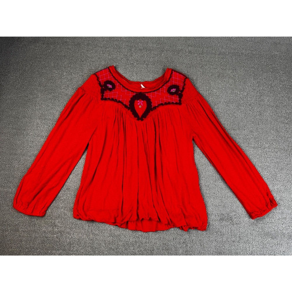 Free People Blouse Top Women XS Red Begonia Embroidered Boho Peasant Cottage New